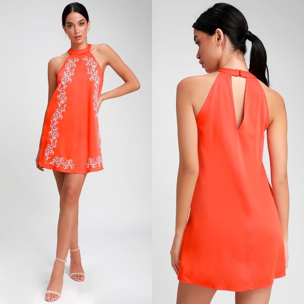 Lulus | Fabiola Coral Orange Embroidered Halter Shift Dress